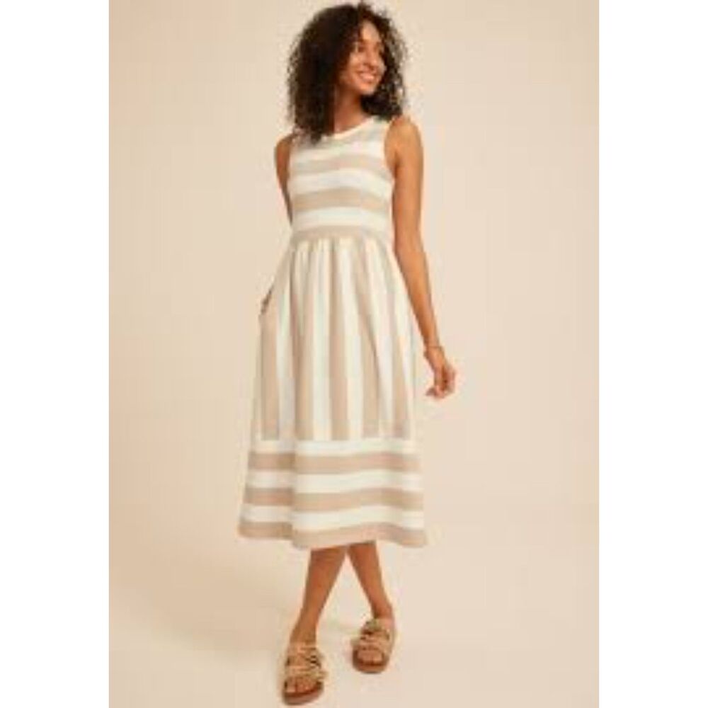 Maurices 24/7 Mixed Stripe Midi Dress with Pockets Taupe Tan White XXL